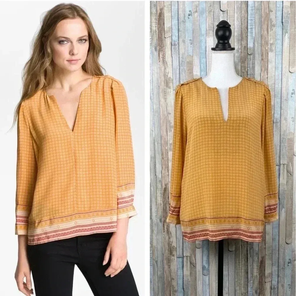 Joie Orange Ditsy Floral 100% Silk V-Neck Amy Scarf Print Top Blouse Size M - Image 2