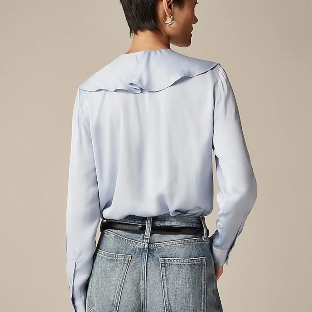 J Crew Goldie Top In Satin Ruffle Neck Long Sleeve Black S NWT Sleek - Image 3