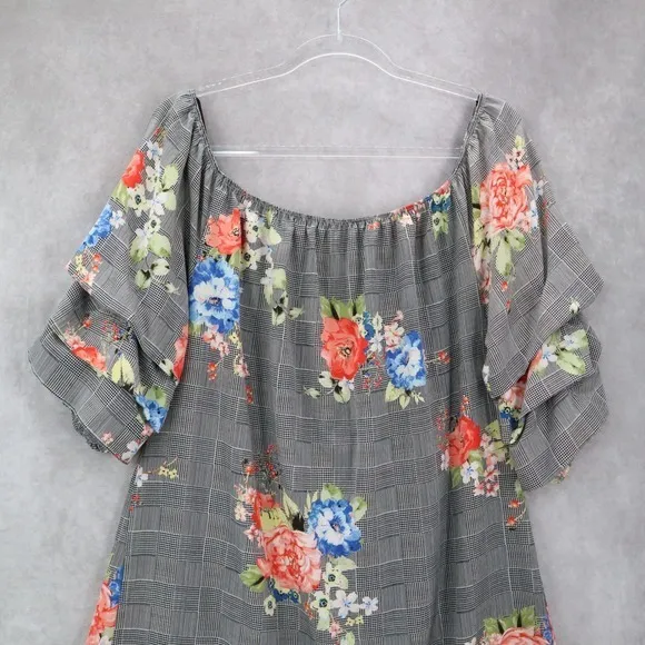 Love J Gray Floral Short Sleeve Checker Houndstooth Knee Length Plus Dress 1X - Image 3