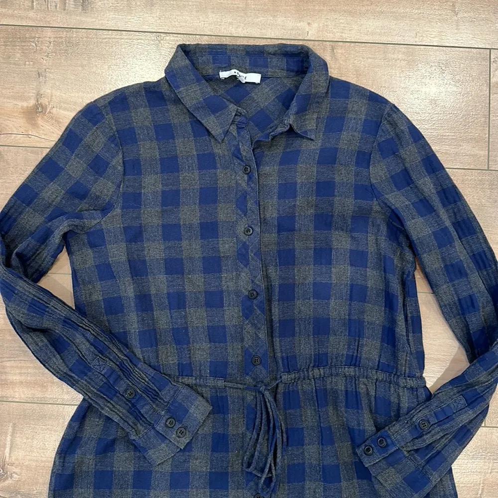 Anthropologie Ro & De Blue Gray Plaid Cotton Belted Dark Academia Shirtdress M - Image 3