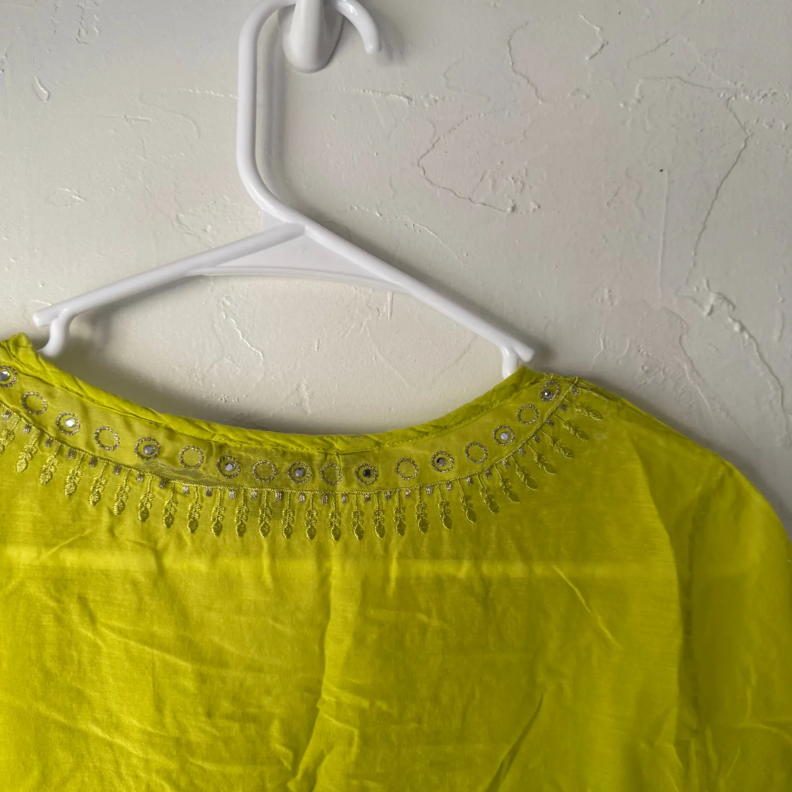 Express Y2k Size XS Neon Yellow Boho Rhinestone Silk Blend Going Out Top‎ - Image 8