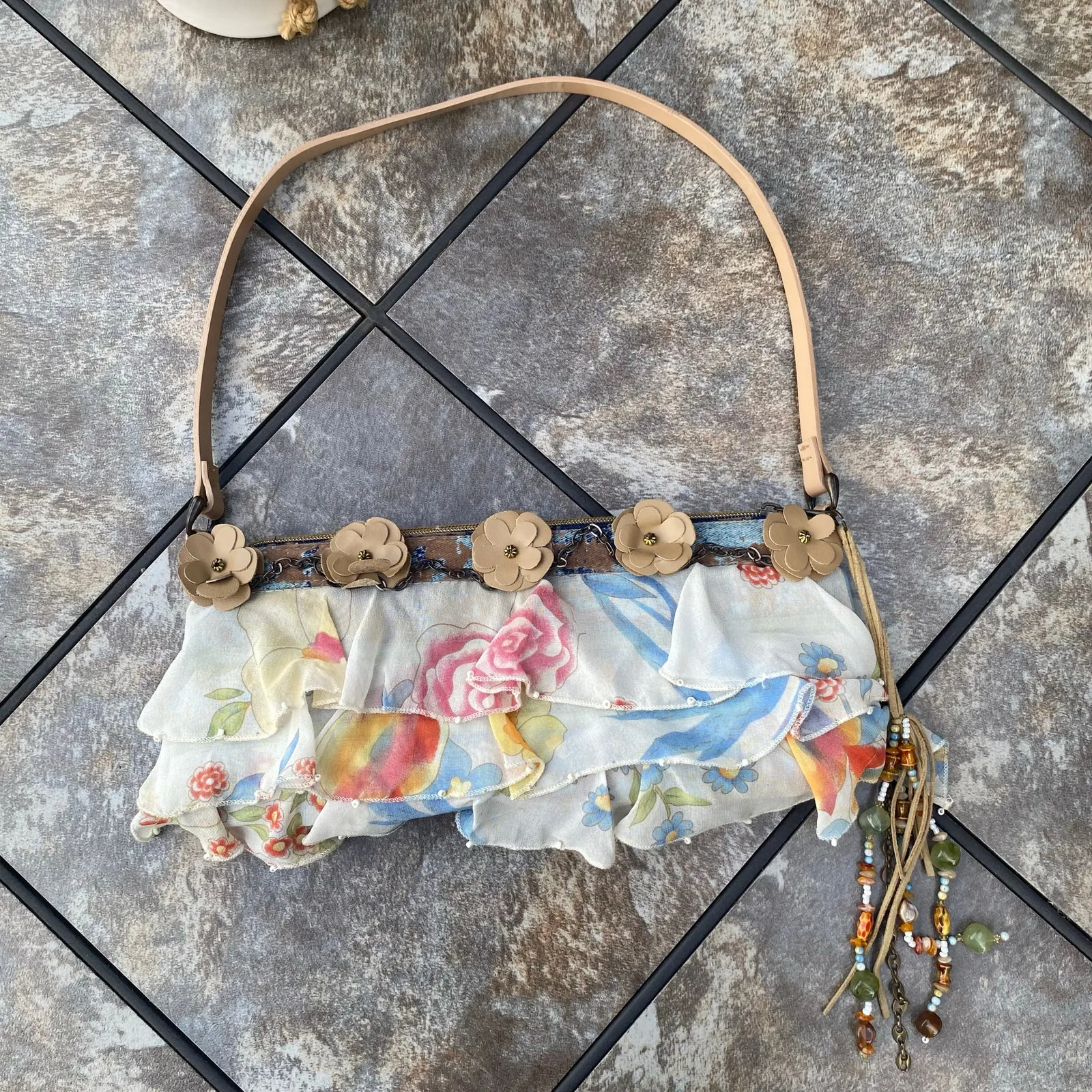 MARY FRANCES Floral Appliqué Beaded & Embellished Shoulder Handbag Purse Blue - Image 2