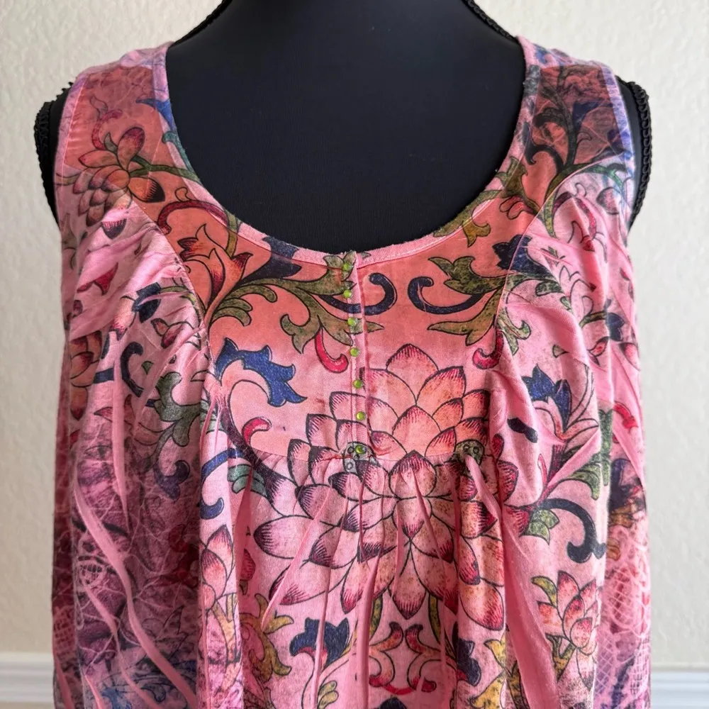 Boho Floral Pink Tank Top Resort Cruise Vacation Sleeveless Chic Flowy Medium - Image 2