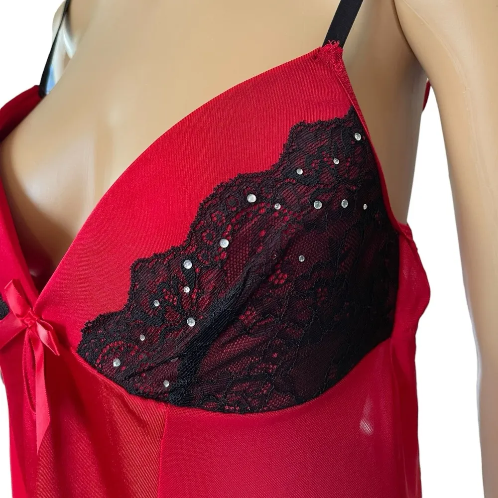 Passion Forever Red Black Mesh Floral Lace Rhinestone Padded Lingerie Slip Dress Size L - Image 2