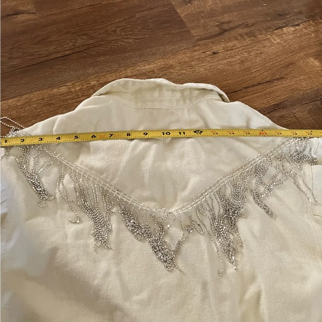 Blue B Collection Rhinestone Fringe White Denim Distressed Jacket Size S - Image 8