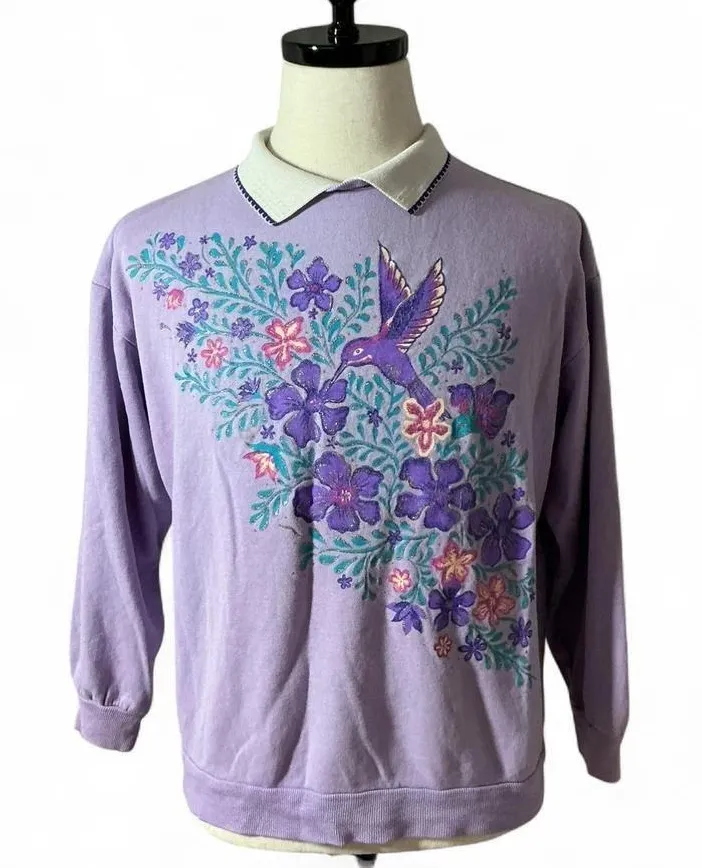 Vintage Lavender Hummingbird Floral Collared Sweatshirt Women's Size L - Image 1