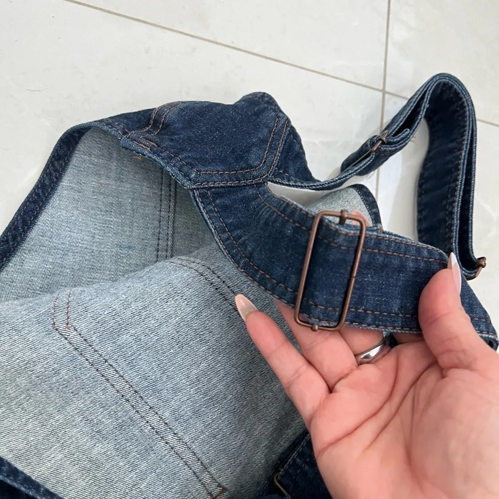 Wax Jean Denim jumper Dress MEDIUM Dark Blue Distressed Front Pocket - Image 6