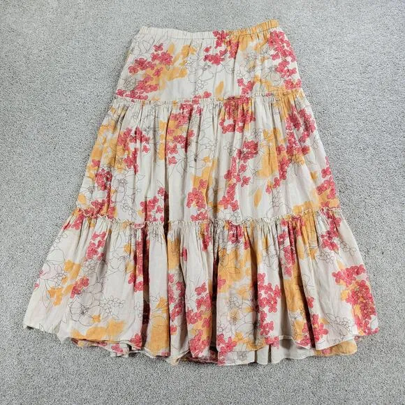Vintage Classic Elements Skirt 10 Cream Pink Cotton Floral Tiered A-Line Flowy - Image 1