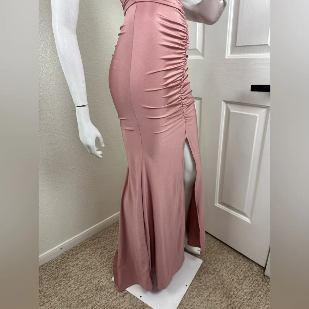Blue. S Nude Pink Off Shoulder Ruched Jersey Slit Mermaid Dress Size M #136 Size M - Image 6