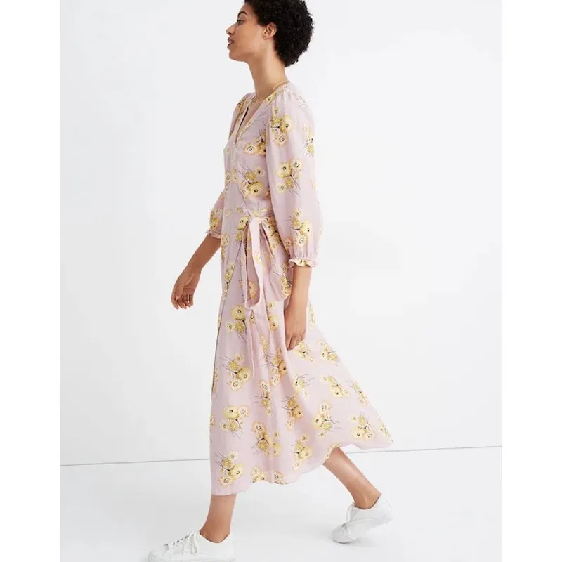 Madewell Linen-Blend Ruffle-Cuff Wrap Dress Dutch Dandelions Medium Pink Floral - Image 2