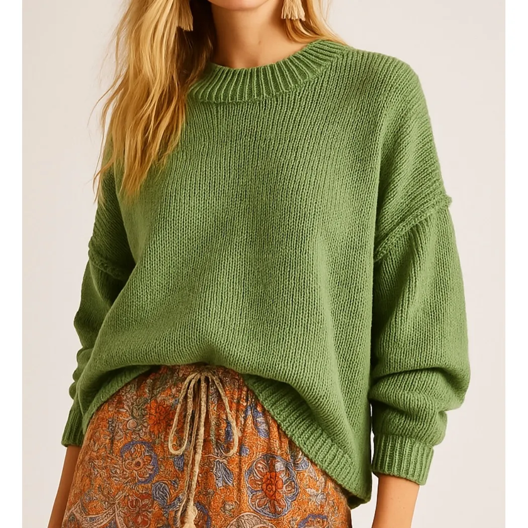 Womens sz M Green Oversized Exposed Seam Chunky Knit Sweater Cozy Warm Layering - Image 2