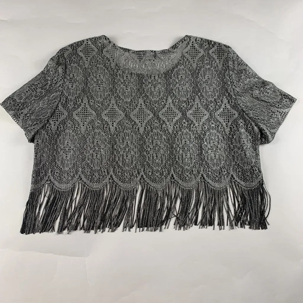 Vintage Virgo Silver Sparkle Crochet Lace Short Sleeve Topper Blouse L Black Size L - Image 3