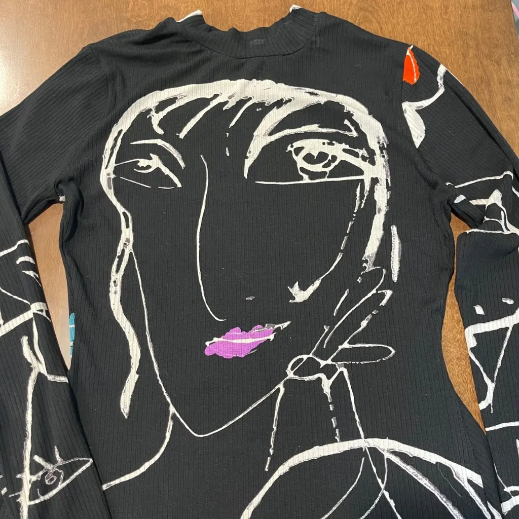 Desigual Face Print Mini Dress Women's Size Large Ribbed Knit Viscose High Neck - Image 6