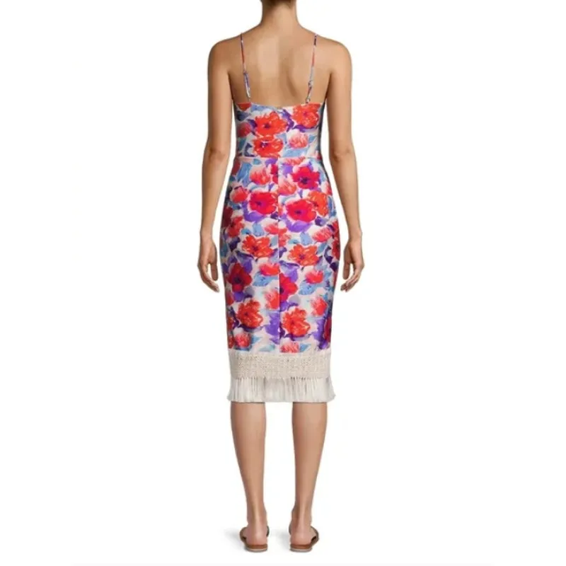 PATBO Red Violet Stretch Jersey Midi Fringe Dress Women's Small - Image 2