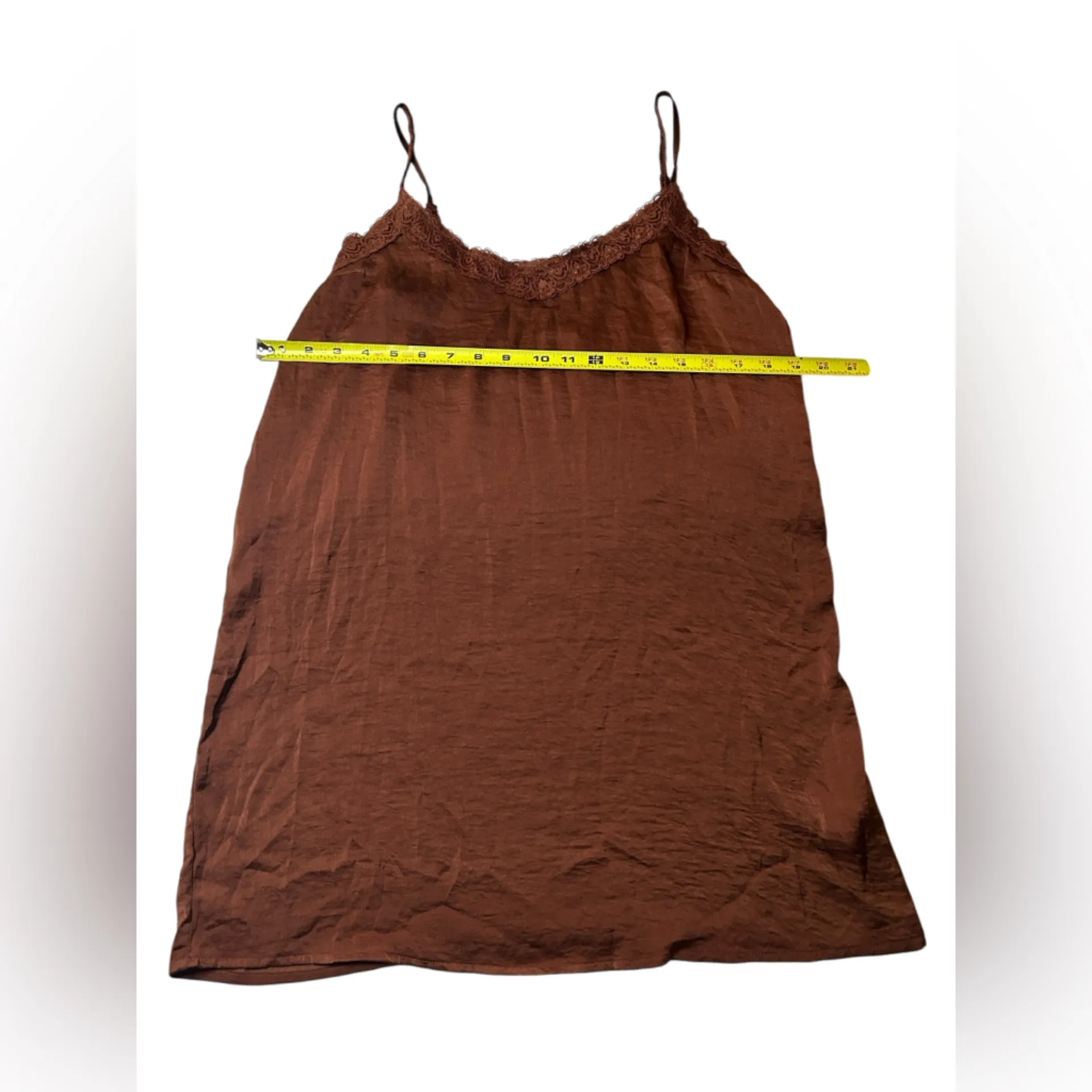 Y2K Cozy Chocolate Brown Whimsigoth Luxe Lace Trim Spaghetti Strap Slip Dress L - Image 10