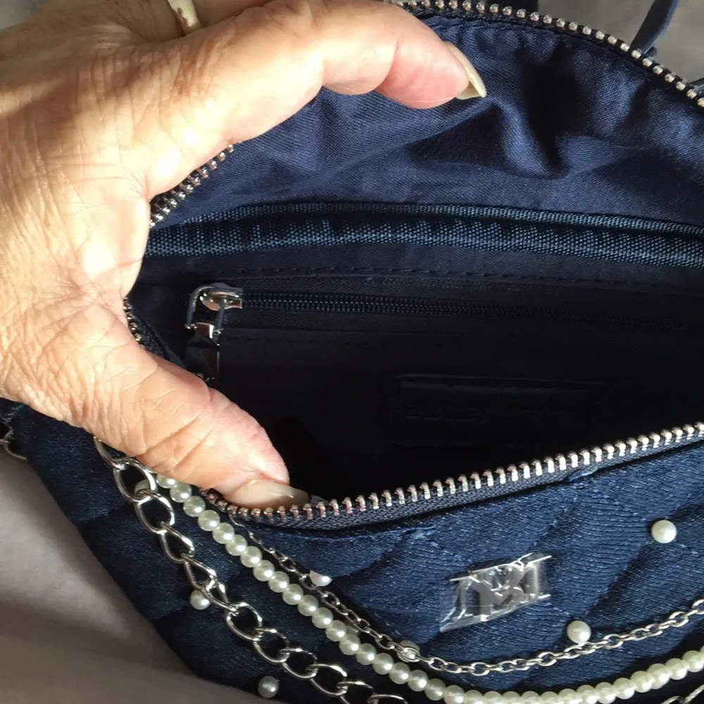 Badgley Mishka navy and denim waist pack Fannypack with pearls and chains - Image 2