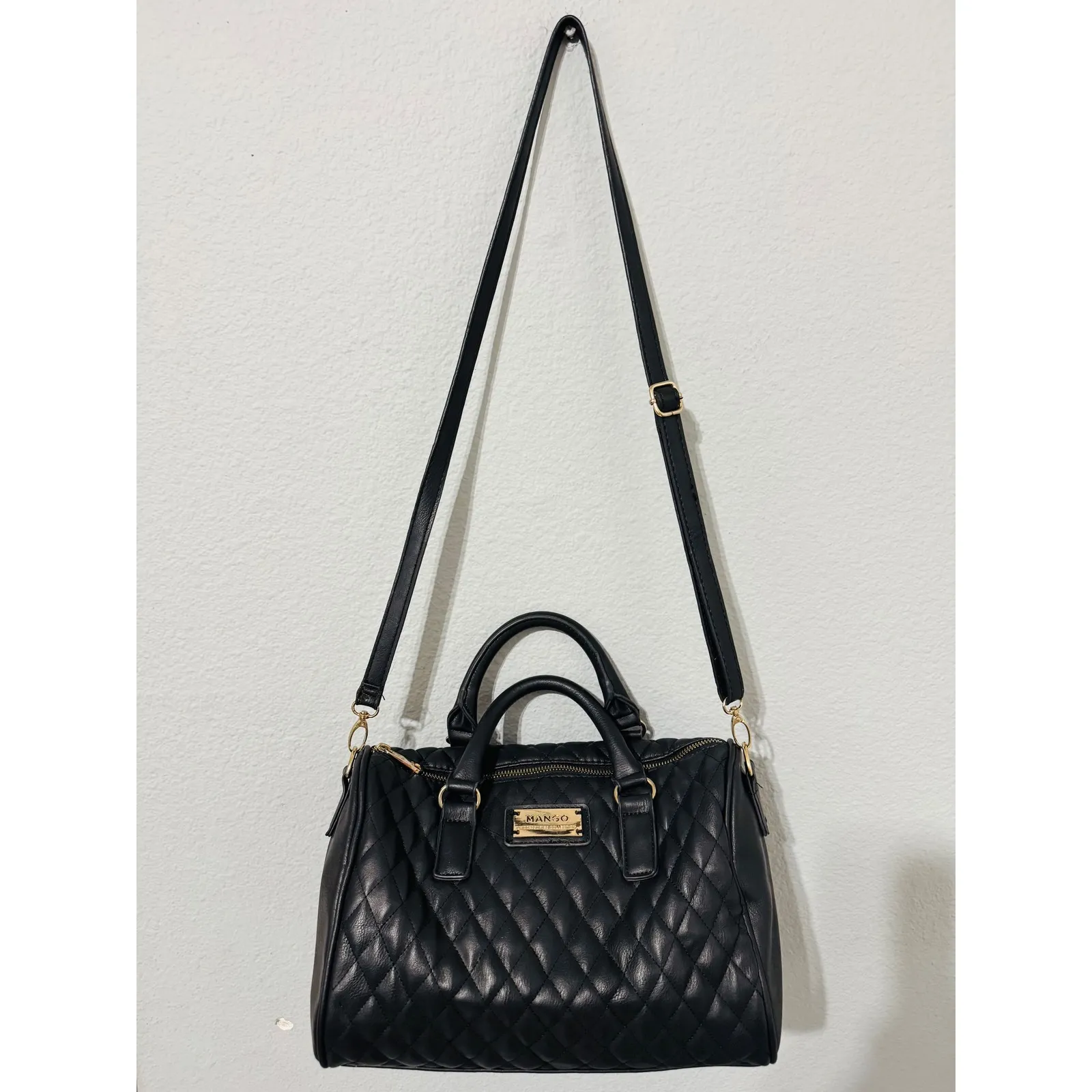 Mango Quilted Black Faux Leather Satchel Handbag Gold Hardware Crossbody Strap - Image 2