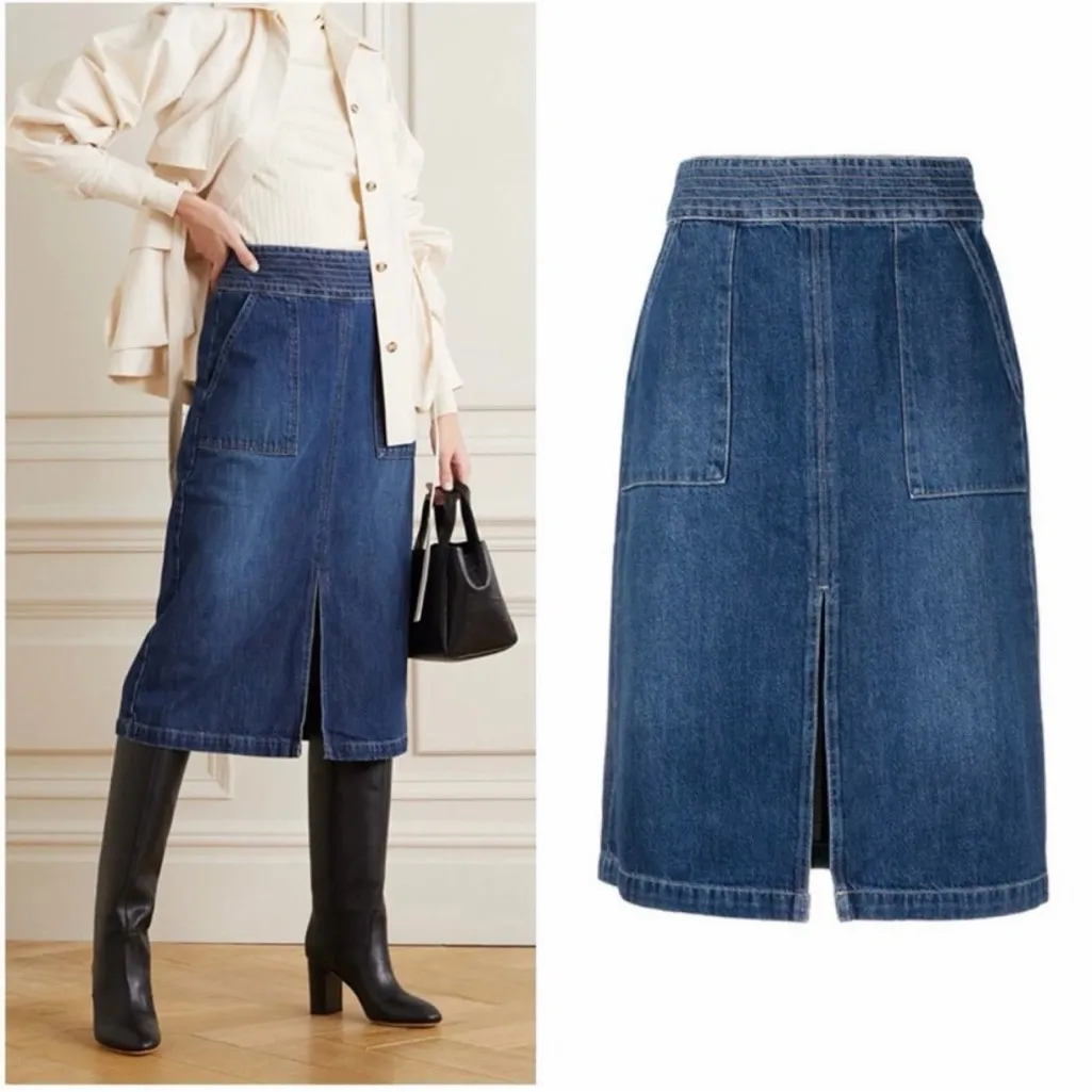 FRAME Trapunto Top Stitched Denim A Line Midi Skirt Pockets Size 27 - Image 2