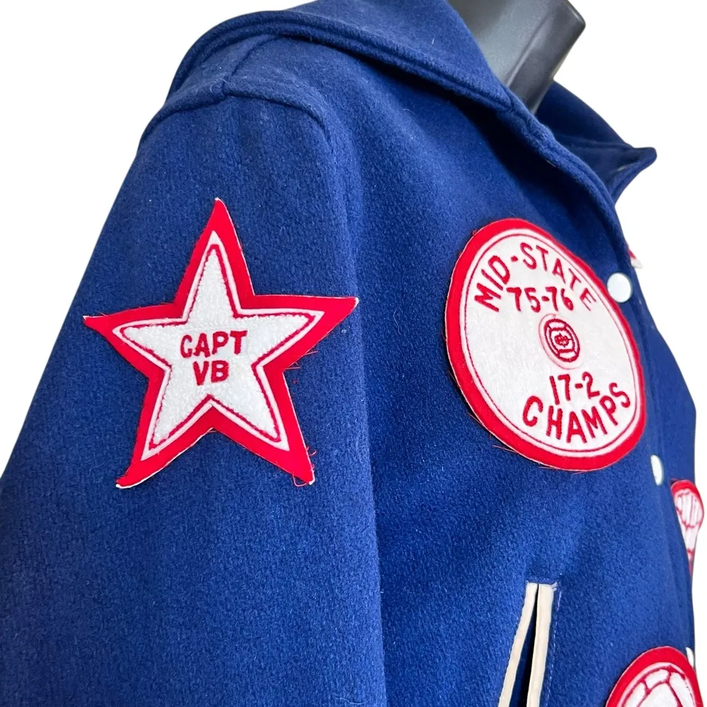 Vintage 1970’s Letterman Jacket w/Zip Up Hood Blue & Red Sz M Unisex - Image 5