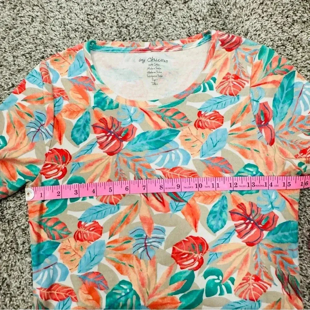 Chico's Colorful Floral Crew Neck 100% Cotton Short Sleeve T-Shirt Size Small - Image 7