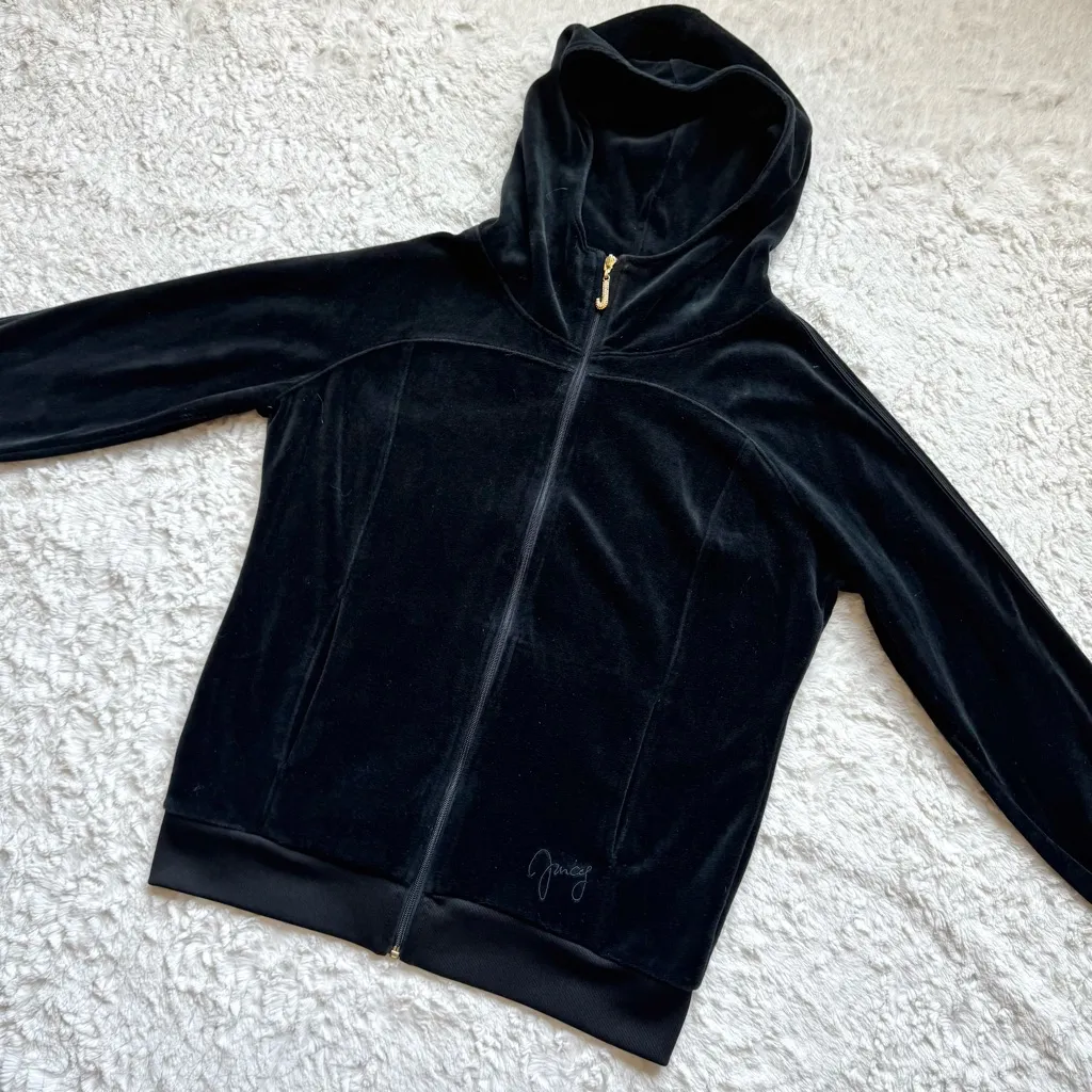 Y2K Juicy Couture Velour Zip Up Hooded Jacket Size M Black Logo Embellished - Image 2