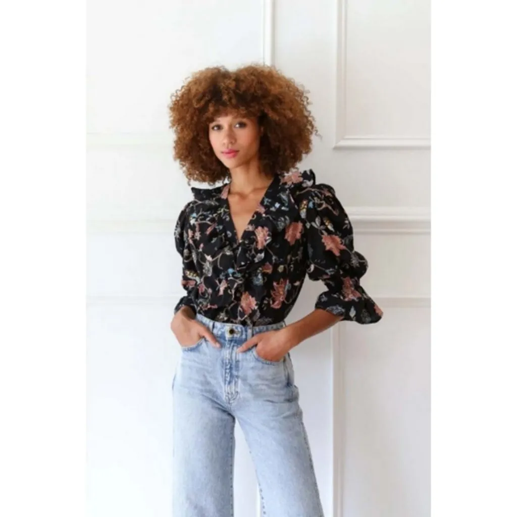 💕MILLE💕 Hanna Top ~ St Germaine Boho Floral Print NWOT Black Size M - Image 5