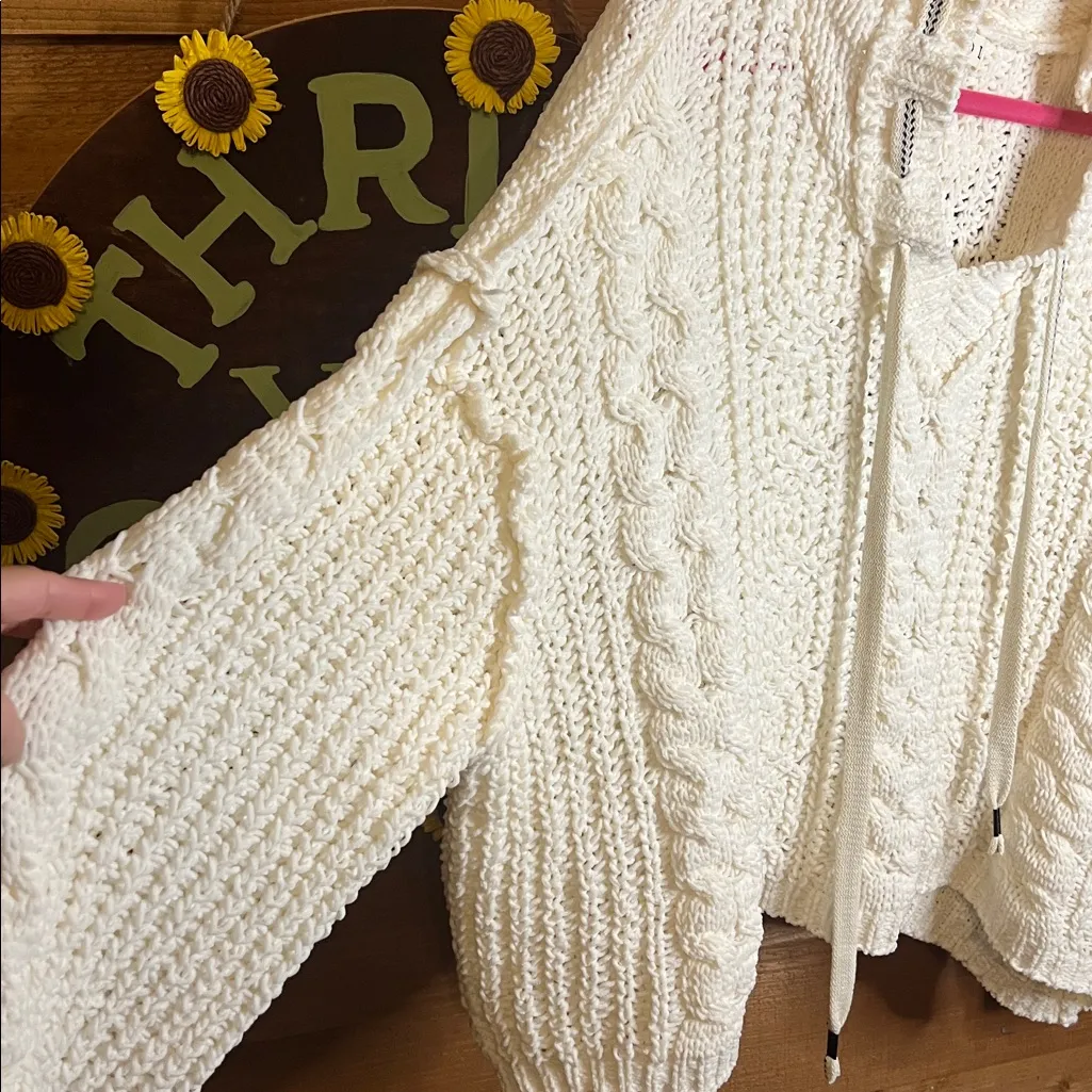 POL Anthropologie Chenille Hooded Pullover Cream Knit Fair Isle Sweater Tie S-XL - Image 8