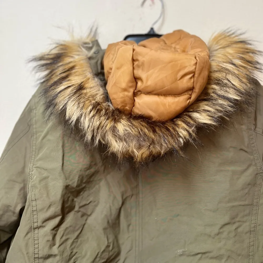 Olive Green Faux Fur Hooded Parka Jacket XS Warm Winter Coat - Image 6