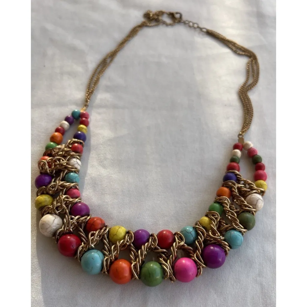 Ethnic Multicolor Boho Cord Necklace Colorful Beads Round Natural Stones 22” - Image 5