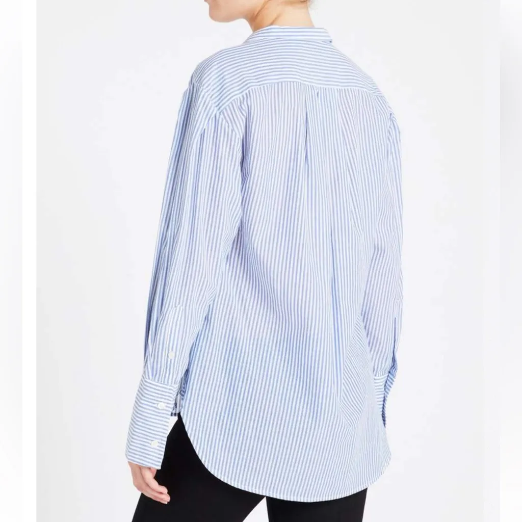 Frame Denim Pleated Clean Collar Blouse Navy Multi Blue White Stripe size Large - Image 5