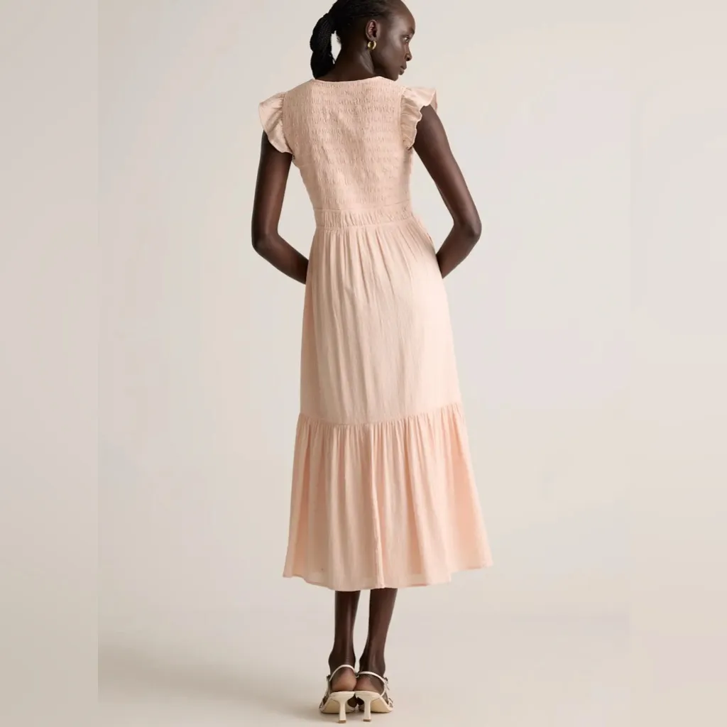 Quince Organic Textured Cotton Smocked V-Neck Midi Dress Small NWT - Image 4