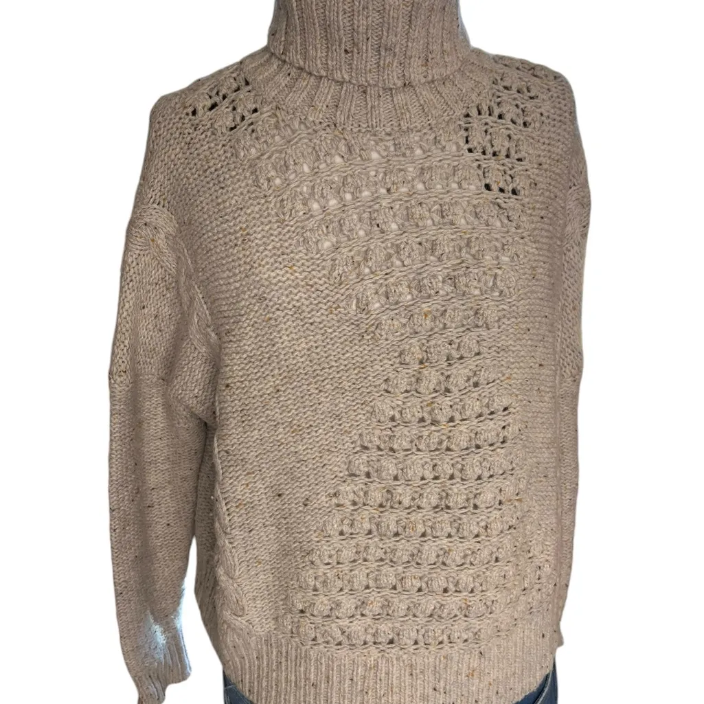 Superdry Sweater Lambs Wool Beige Ivory Chunky Cable Roll Neck Long Sleeve Sz 4 - Image 3