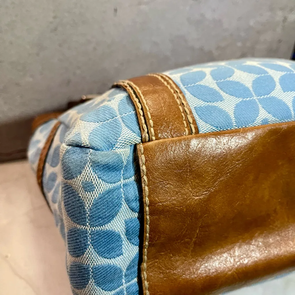 Fossil Blue And Ivory Floral Pattern Canvas Bag Brown Leather No Key - Image 9