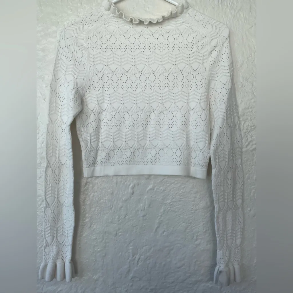 Tularosa Lana 100% nylon knit sweater, cream/white, ruffle neck, cropped; size S - Image 5