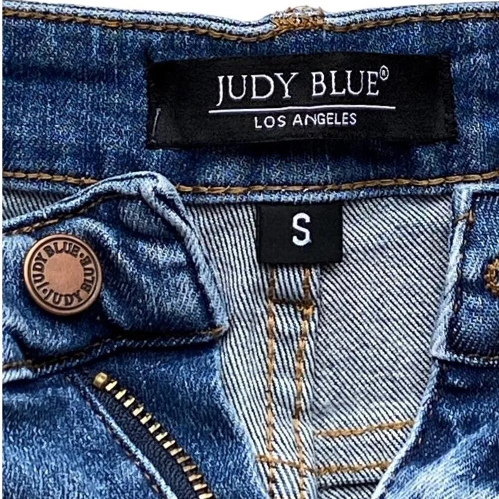 JUDY BLUE Good Vibes Paisley Bandana Printed Denim Blue Jean Shorts Womens SMALL - Image 6