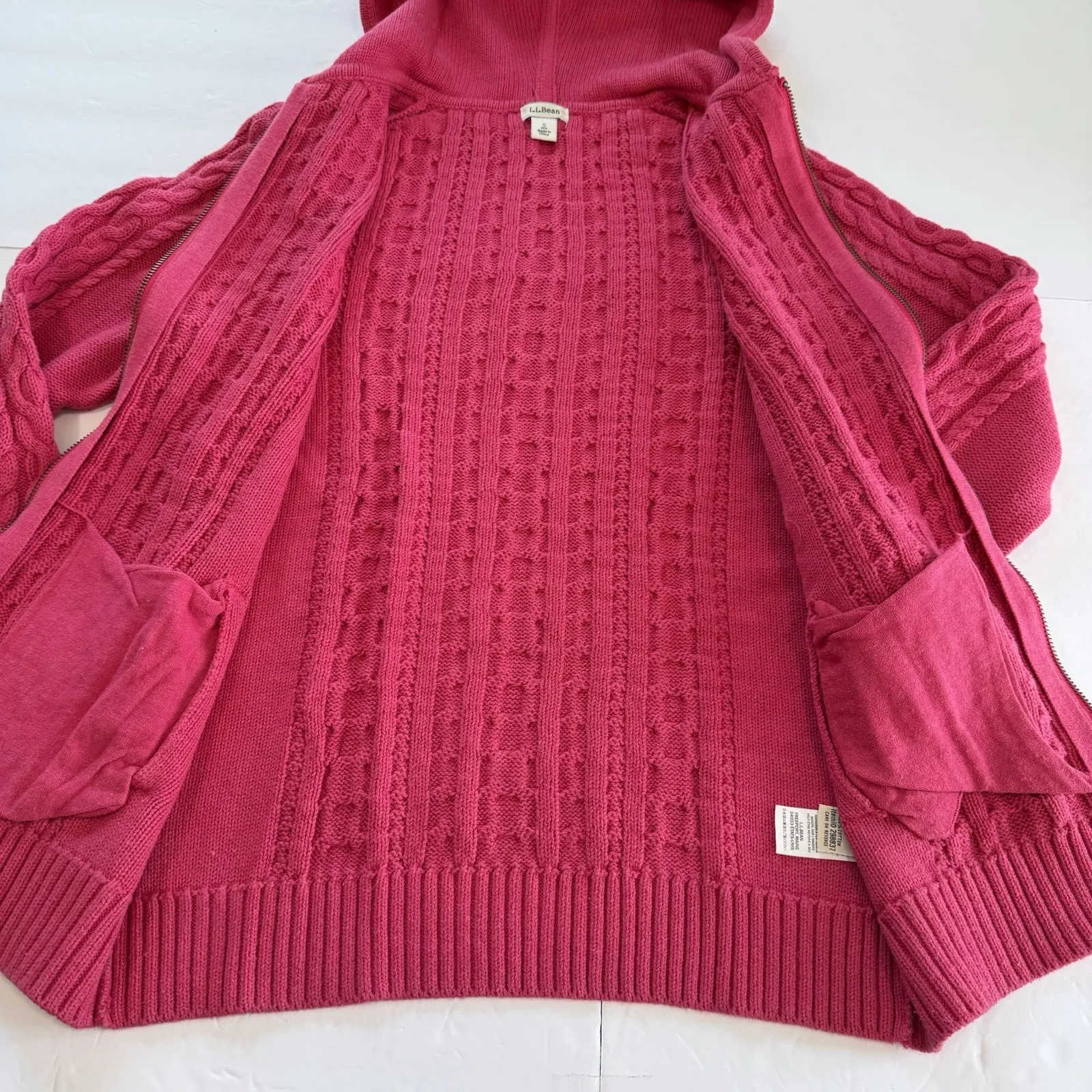 LL Bean Pink Double L Mixed Cable Full Zip Hoodie Pockets Cotton Sweater SMALL - Image 6