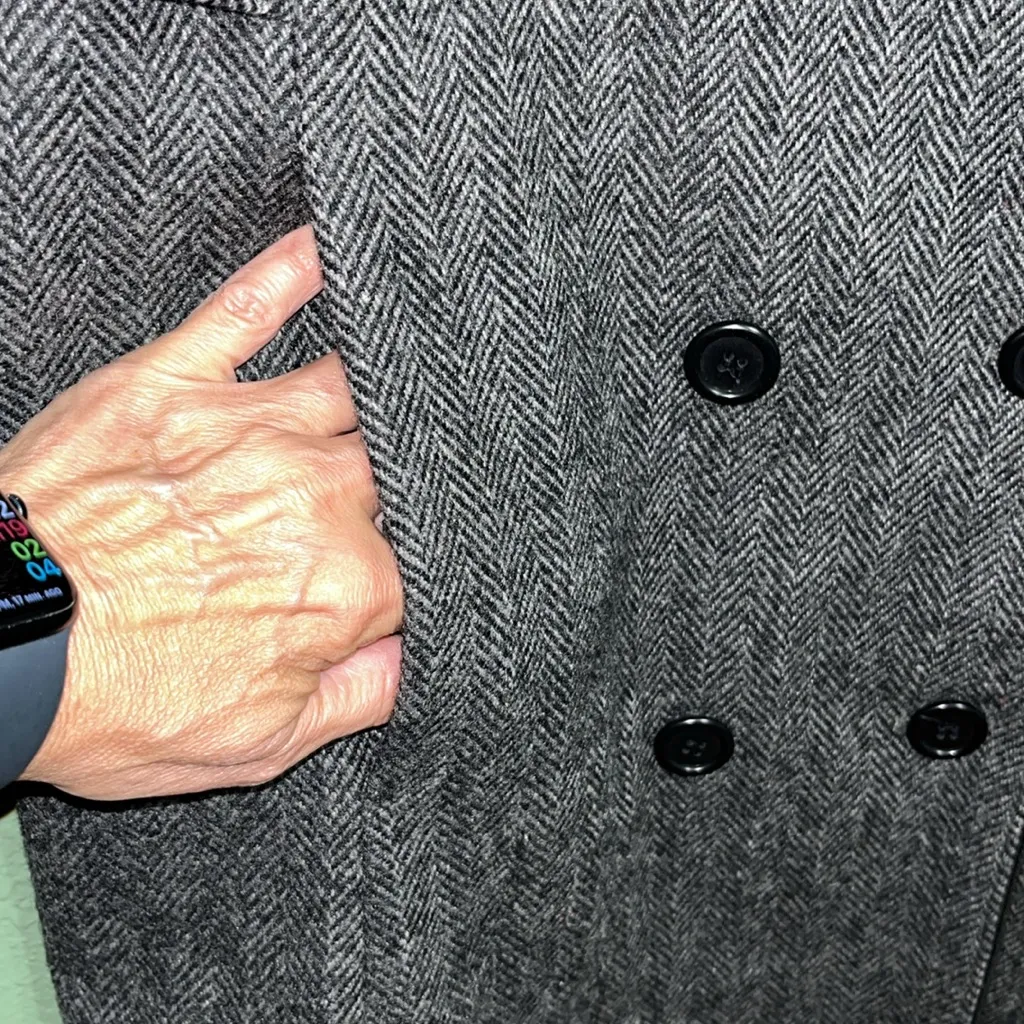 Vintage Union Made Herringbone Wool Blend Trench Coat unisex long coat Gray Size XL - Image 7