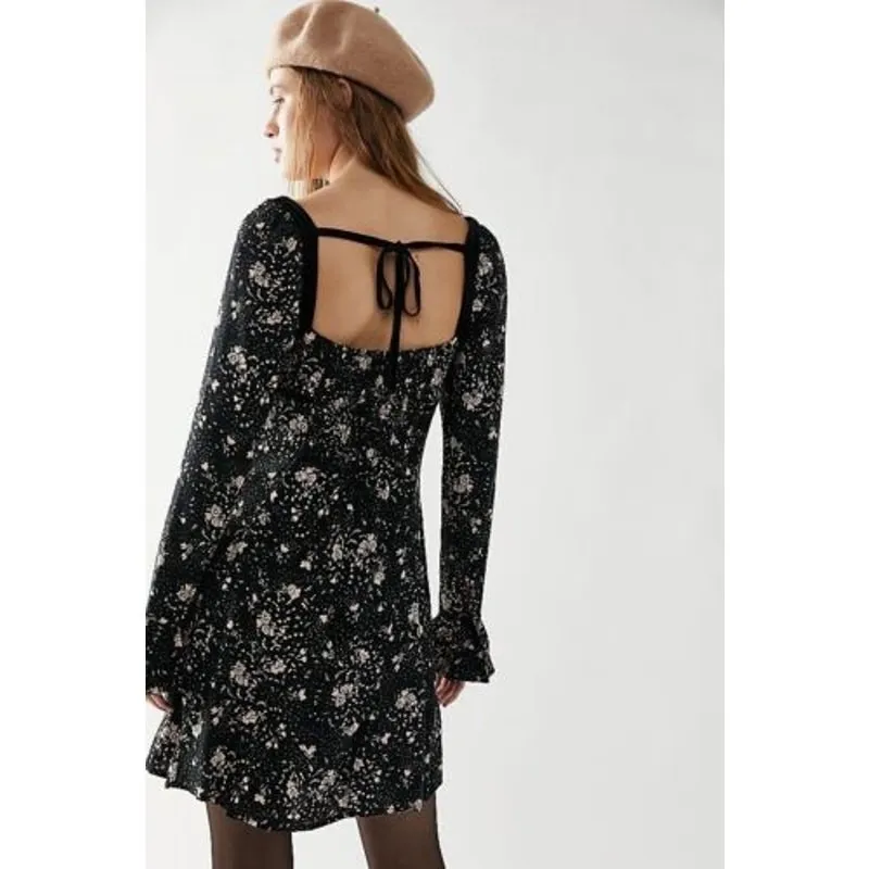 Free People Black Floral Print Long Sleeve‎ Square Neck Mini Dress Size S - Image 2