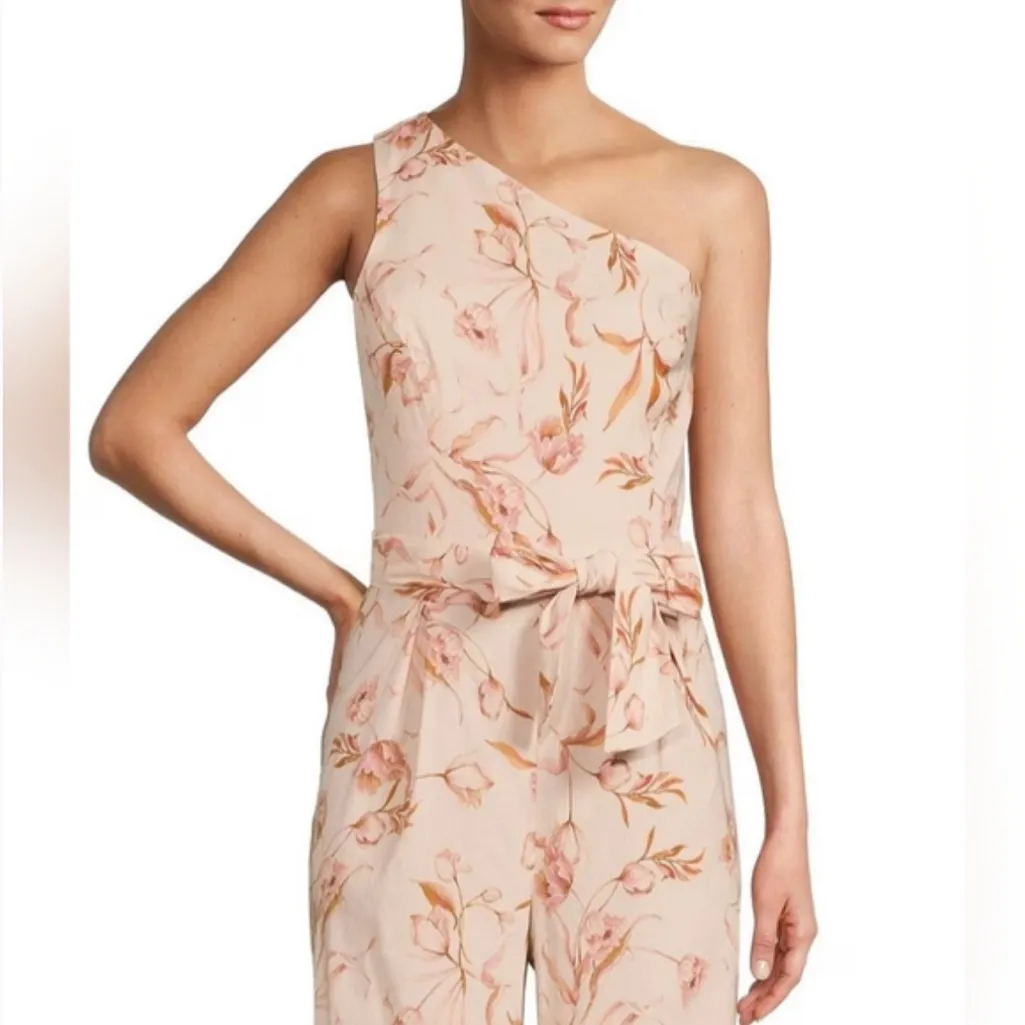 ANTONIO‎ MELANI Pink Floral One Shoulder Belted Jumpsuit Linen Blend Size 4 New - Image 4