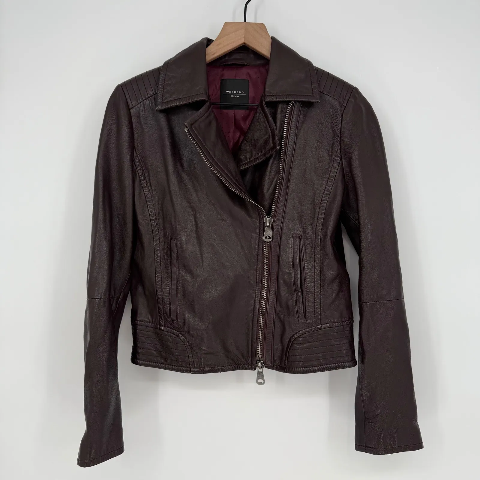 Weekend Max Mara Womens Leather Moto Jacket Burgundy Asymmetrical Zip Moto Style Brown Size 6 - Image 6