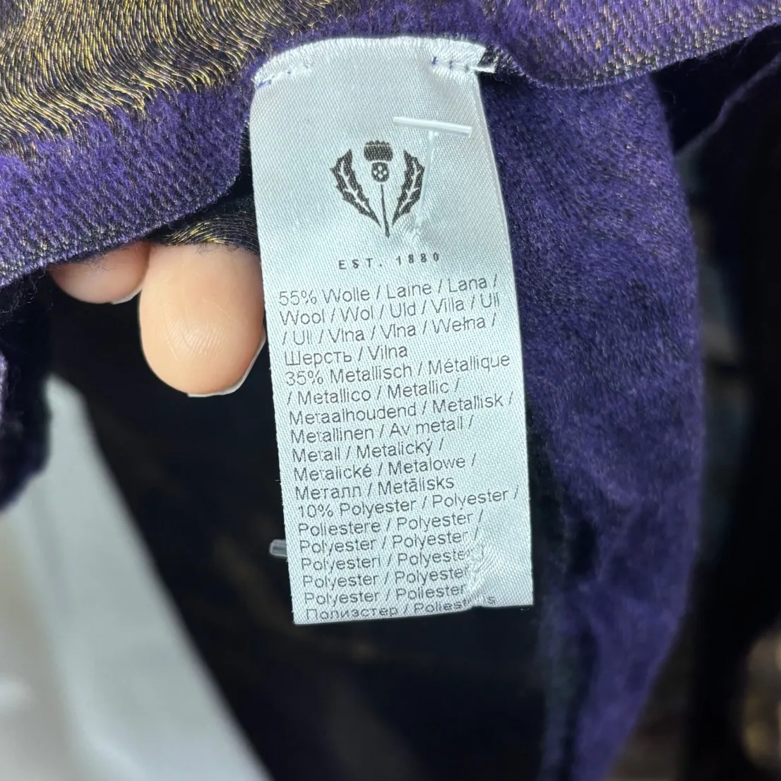 Fraas Wool Metallic Woven Wide Scarf Wrap Purple Gold Made in Germany Luxury - Image 6