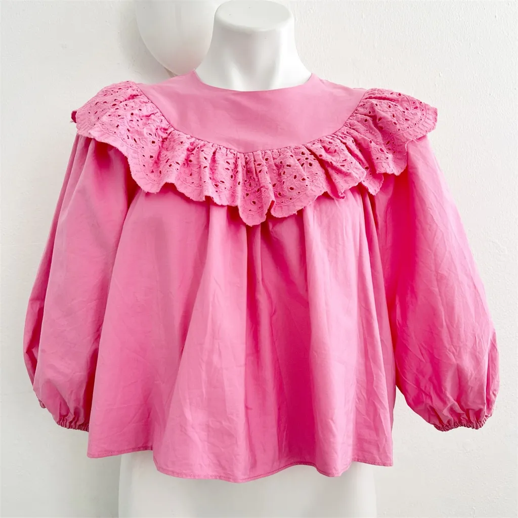 ZARA Eyelet Frilled Poplin Blouse Top Pink XSMALL Balloon Sleeve Women’s NEW - Image 2
