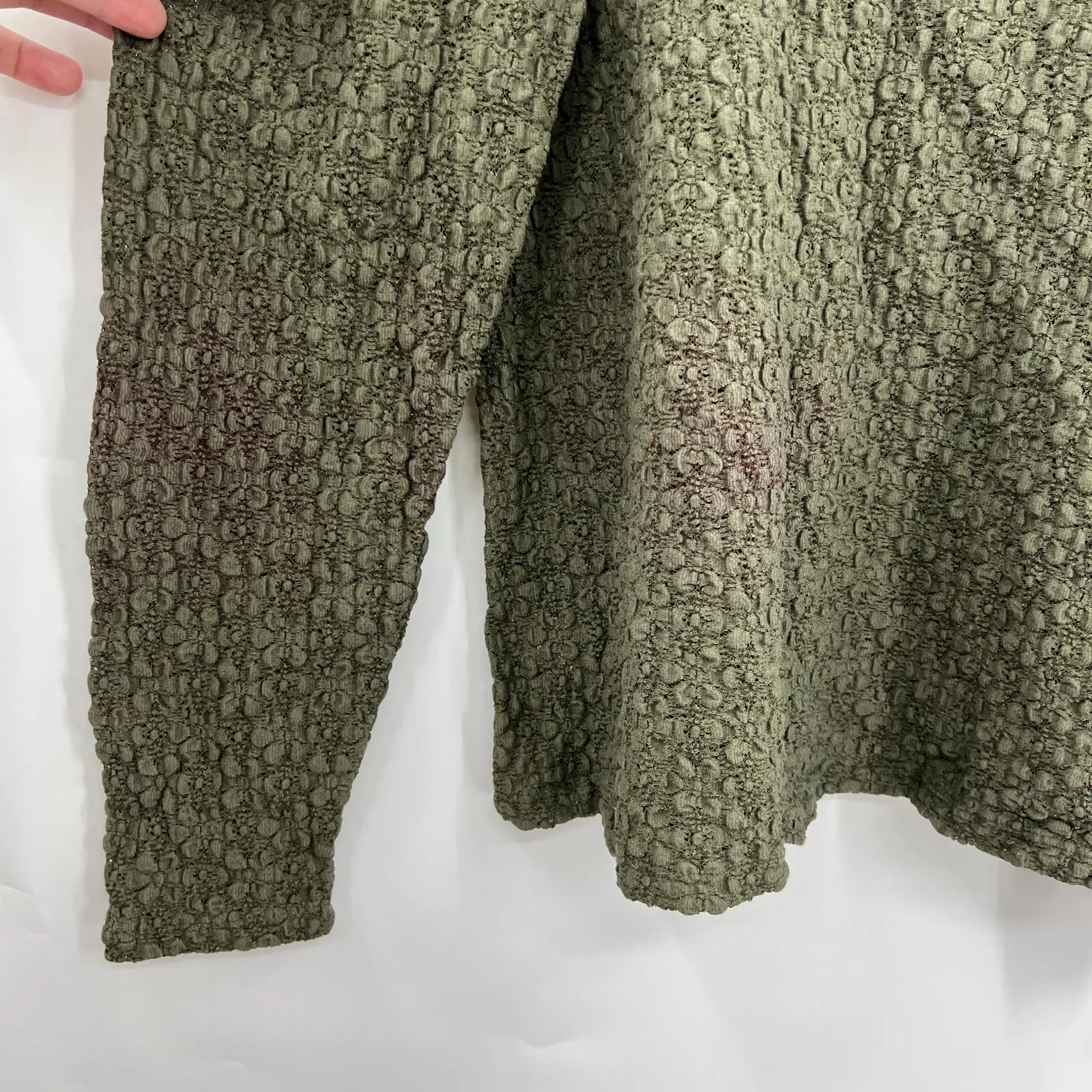 LOFT XL Olive Khaki Green Textured Top Long Puff Sleeve Sheer Stretchy Shirred - Image 5