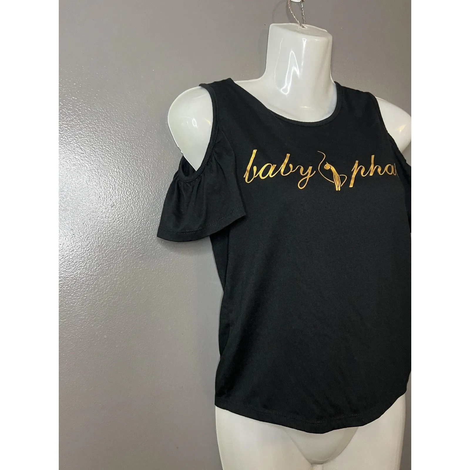 Baby Phat Shirt Womens 14 Black Cold Shoulder Graphic Logo Top Casual Blouse - Image 2