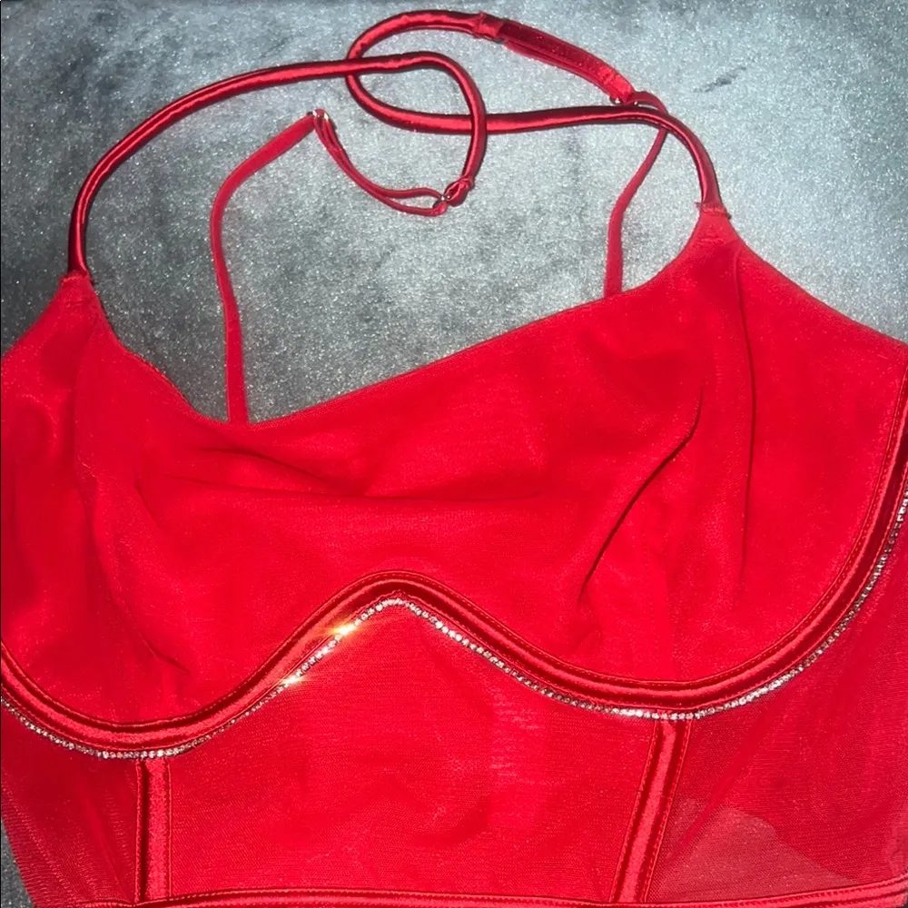 Red Women's Top with Rhinestone Detail Size M - Image 3