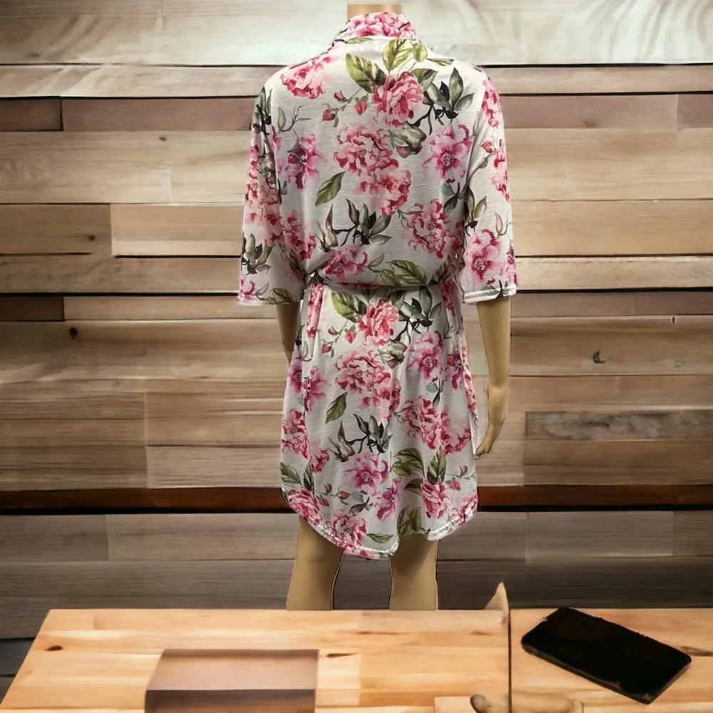 Show Me Your MuMu White Pink Rose Print Floral Belted Robe One Size Fits Most - Image 3