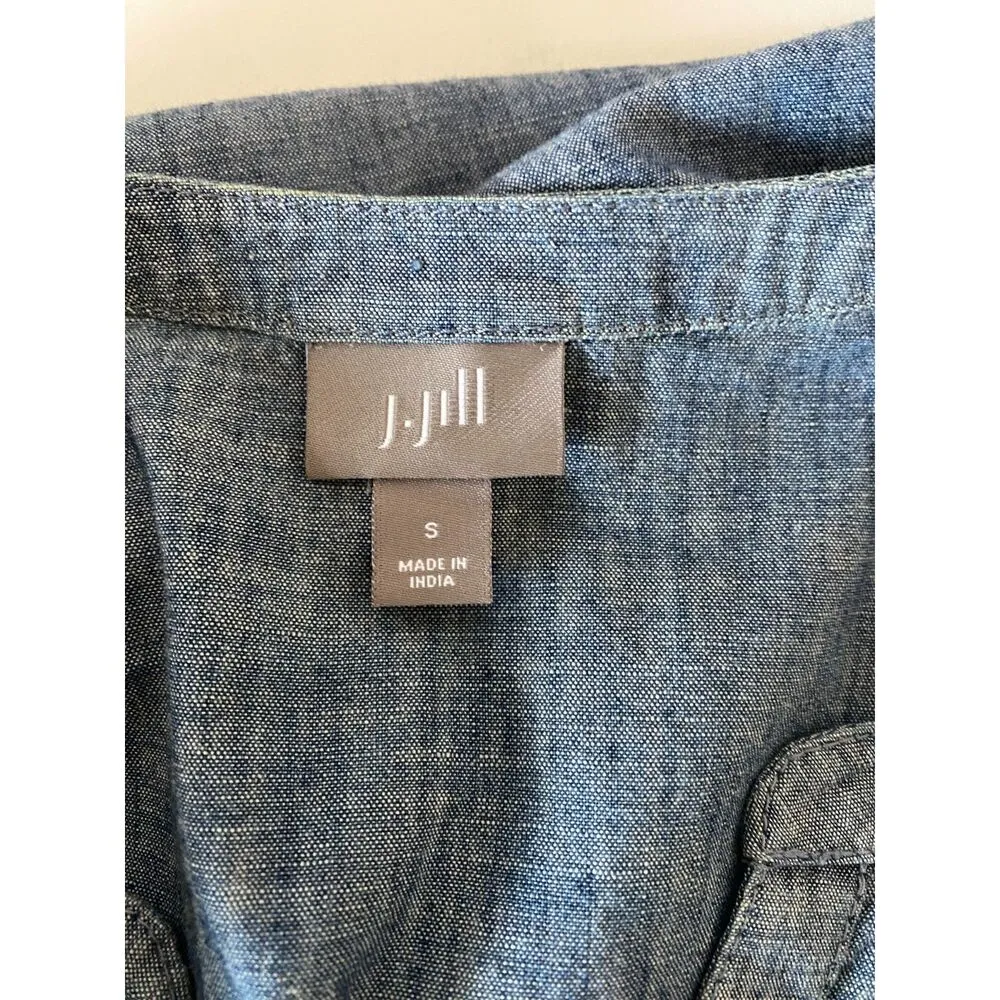 J Jill Chambray Cotton V Neck Long Sleeve Pleated Front Tunic Shirt Dress S Blue - Image 4