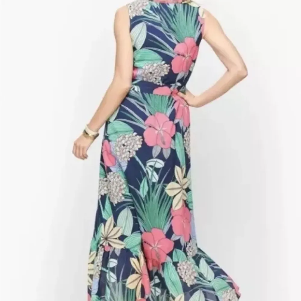 Talbots Hibiscus Tropical Floral Print Midi Maxi Dress Blue Multicolored Size 4 - Image 3