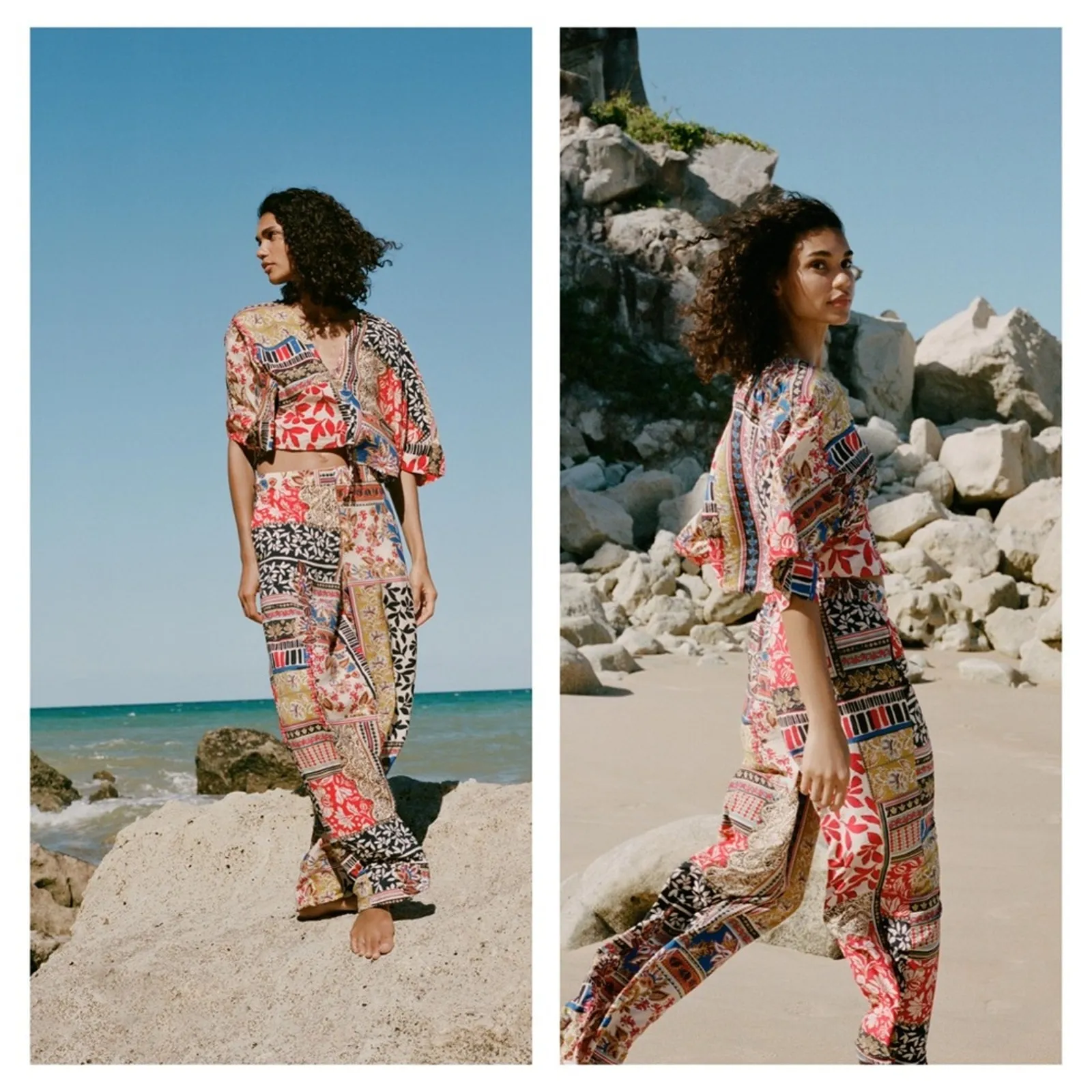 NWT ZARA Patchwork Printed‎ Wide Leg Pants M - Image 2