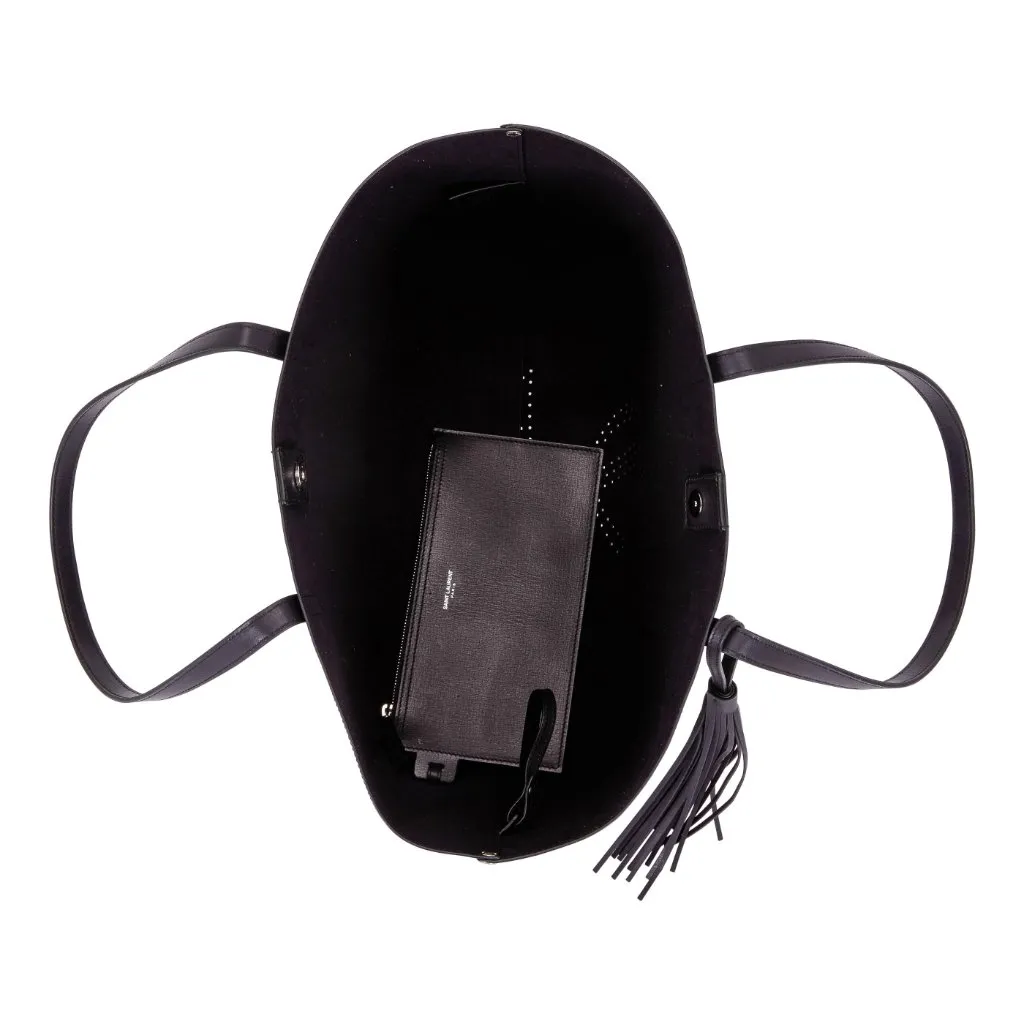 SAINT LAURENT BLACK LEATHER PERFORATED LOGO LARGE TOTE - Image 4